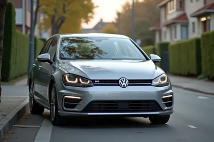 Vue extérieure d'une berline moderne montrant les parties d'une voiture comme le capot, les phares et les jantes