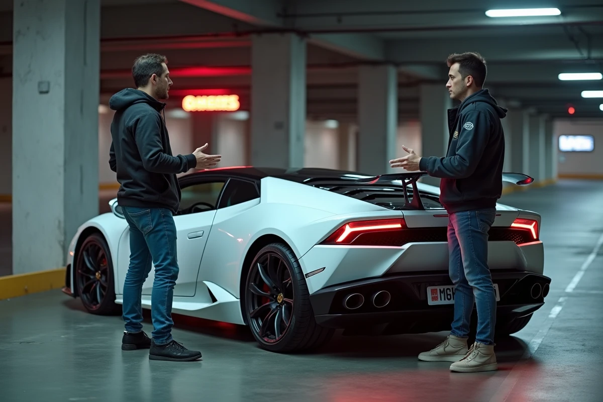 Deux passionnés de voitures sportives discutant de la vitesse de 200 mph convertie en km/h devant une supercar blanche dans un parking urbain