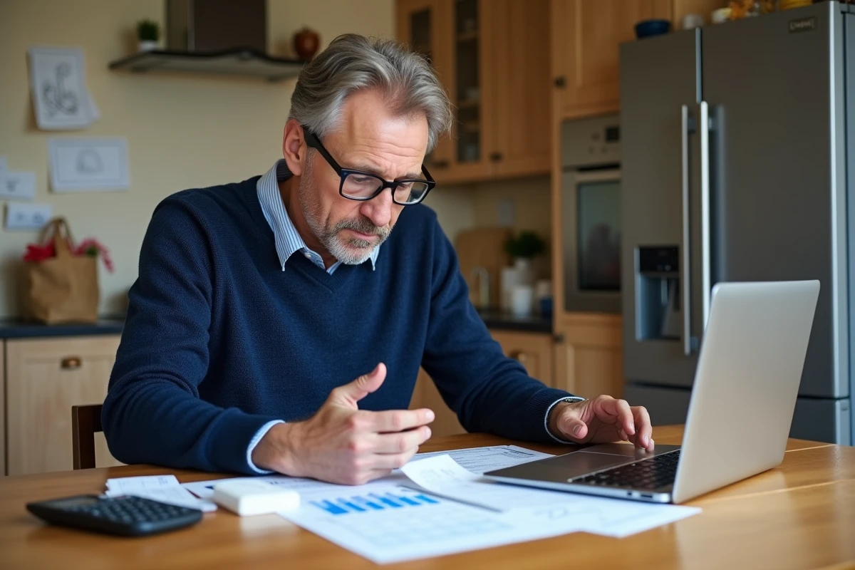 Père de famille nombreuse analysant les dépenses de carburant sur son budget mensuel à la table de cuisine