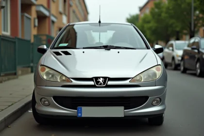 Peugeot 206 hatchback argentée garée dans une rue urbaine, vue en angle 3/4 avant, avec légères traces d'usure sur la carrosserie