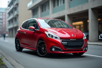 Peugeot 208 GTI vue trois quarts avant sur asphalte urbain, carrosserie rouge avec étriers de frein et badge GTI visibles