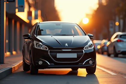 Voiture Peugeot 208 en ville lors de l'heure dorée