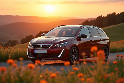 Peugeot 308 GT Line automatique sur route de campagne au lever du soleil