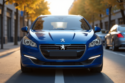 Voiture Peugeot 408 bleue en ville en plein jour