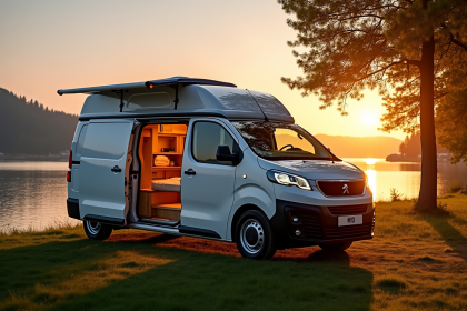 Peugeot Expert campervan au bord du lac au coucher du soleil