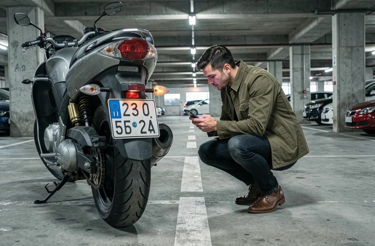 Motard photographiant la plaque d'immatriculation de sa moto dans un parking urbain pour obtenir un devis assurance