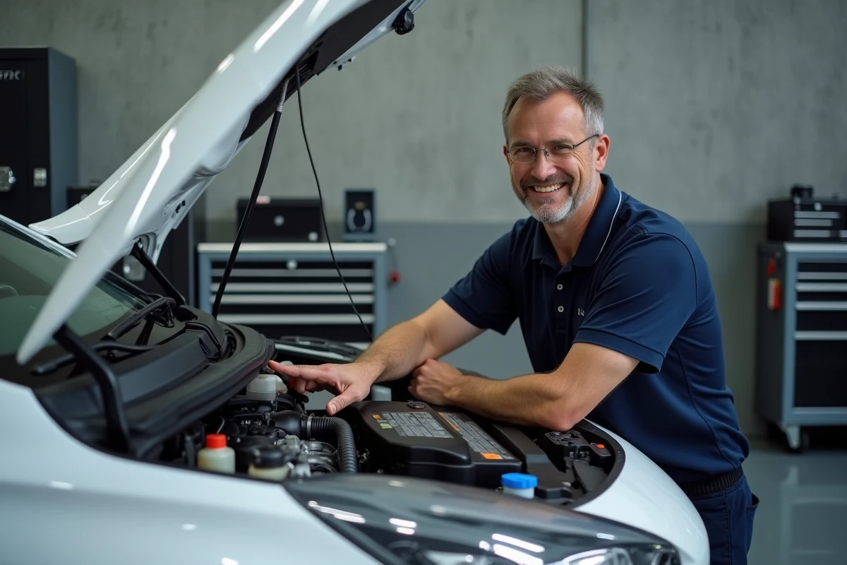 Instructeur automobile montrant les pièces sous le capot d'une voiture, dont le moteur et la batterie