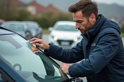Homme collant une vignette Crit'Air sur le pare-brise d'un véhicule d'occasion dans un parking