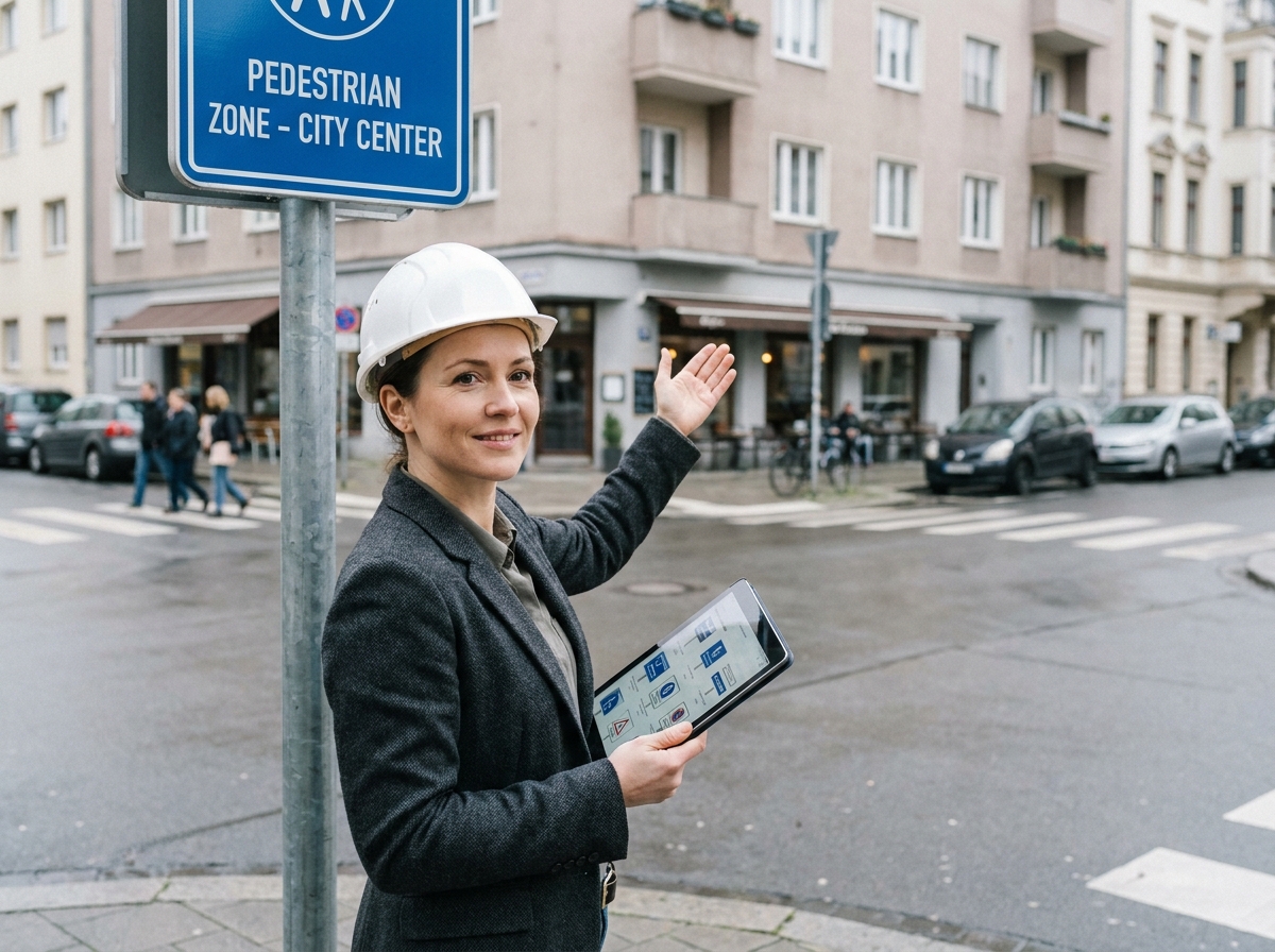 Professionnelle en sécurité urbaine désignant un panneau de signalisation bleu installé à une intersection en ville