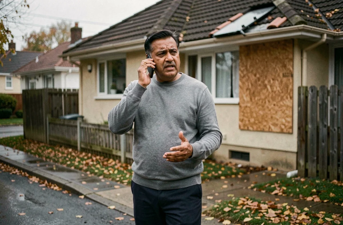 Propriétaire au téléphone devant sa maison endommagée après un sinistre