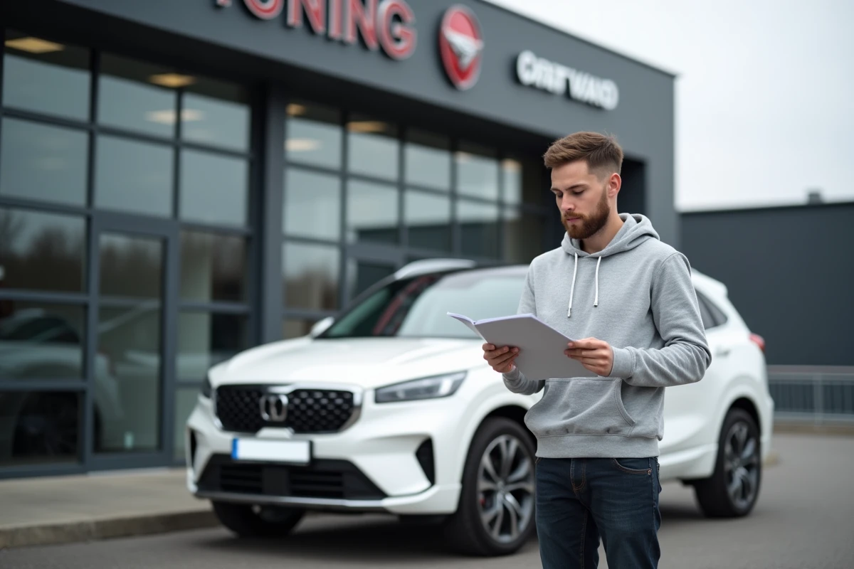 Propriétaire de véhicule neuf consultant une brochure sur la reprogrammation moteur Shiftech devant un SUV blanc