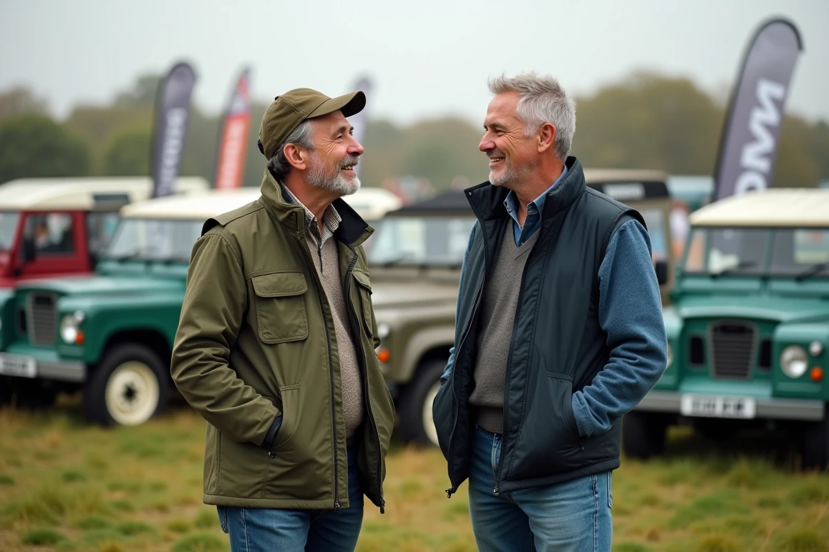 Deux passionnés de Land Rover en conversation lors d'un rassemblement de propriétaires en plein air