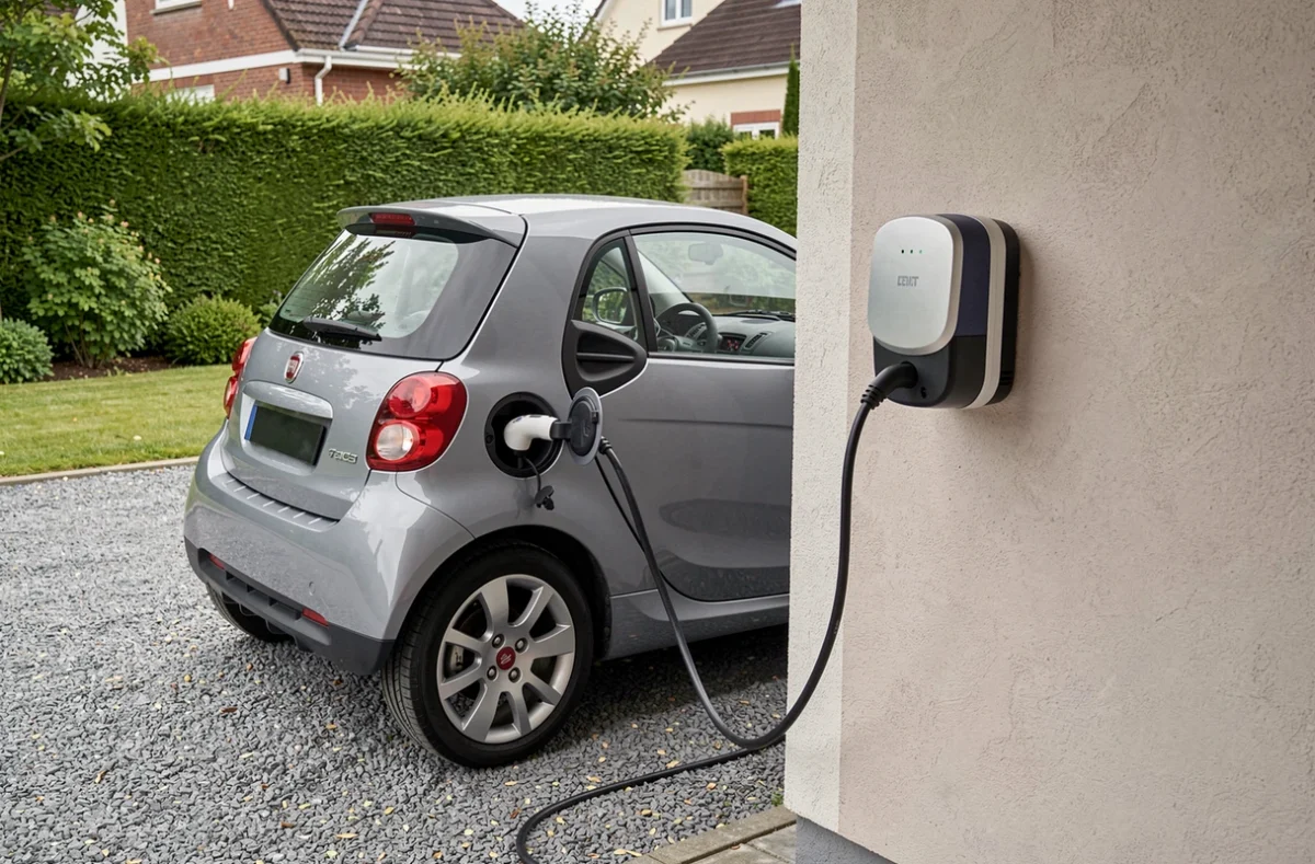 Voiture sans permis électrique Fiat en charge sur une borne domestique dans une maison de banlieue