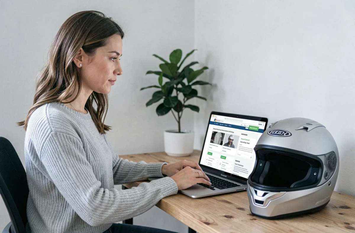Femme recherchant des offres d'assurance moto en ligne depuis son bureau