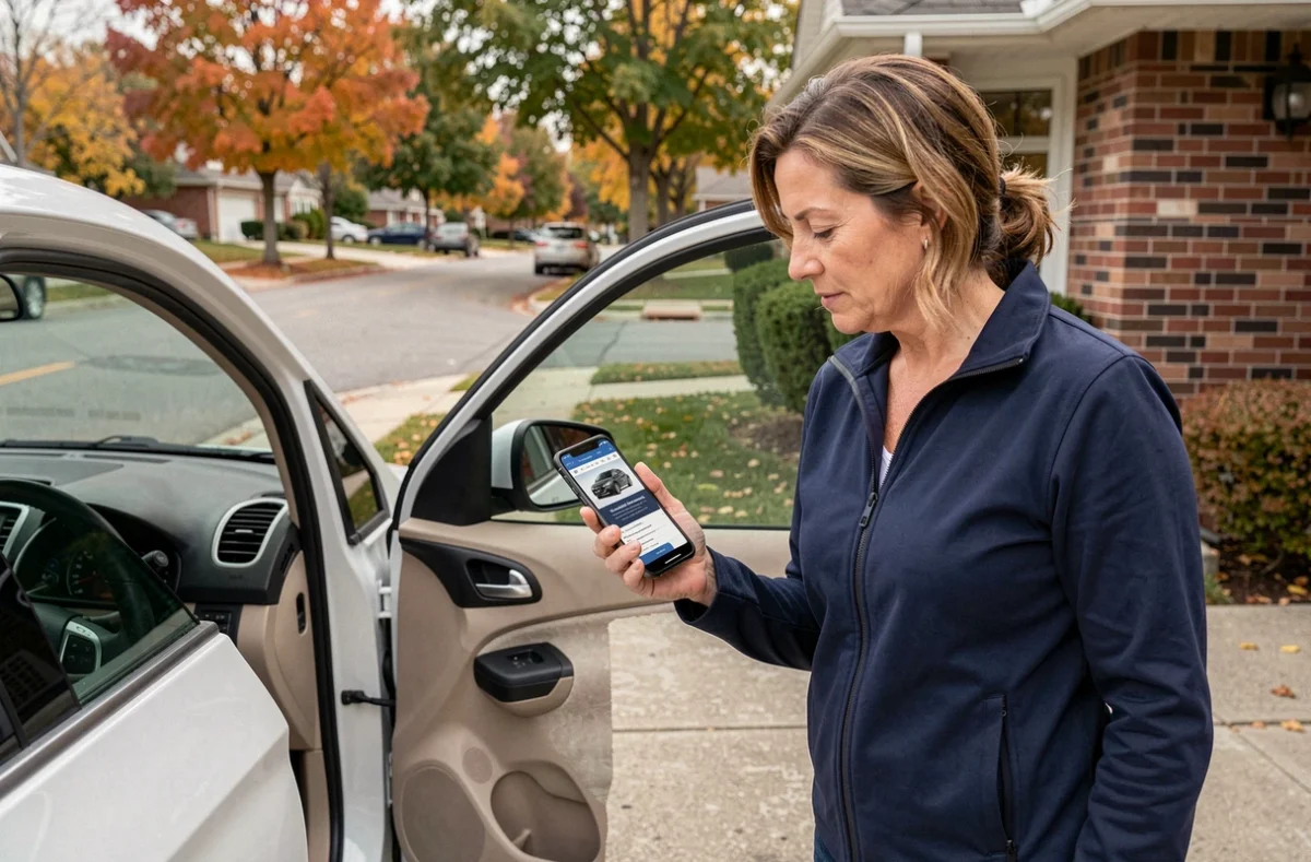 Femme utilisant son smartphone pour récupérer le code autoradio gratuitement grâce au numéro VIN de sa voiture