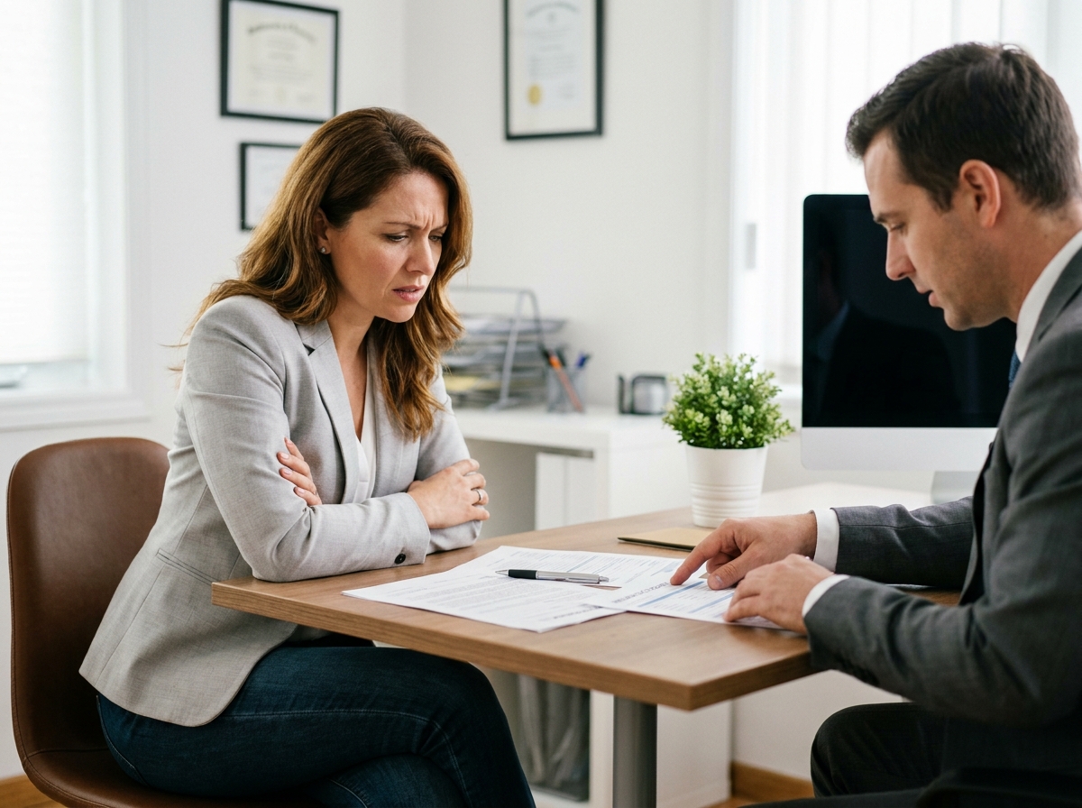 Femme discutant avec un assureur après refus d'indemnisation suite à accident avec pneus lisses