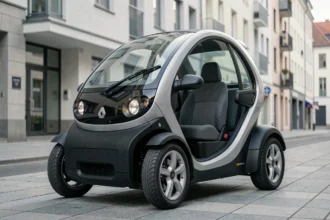 Renault Twizy garée sur un trottoir urbain, vue trois quarts avant, carrosserie compacte et toit translucide