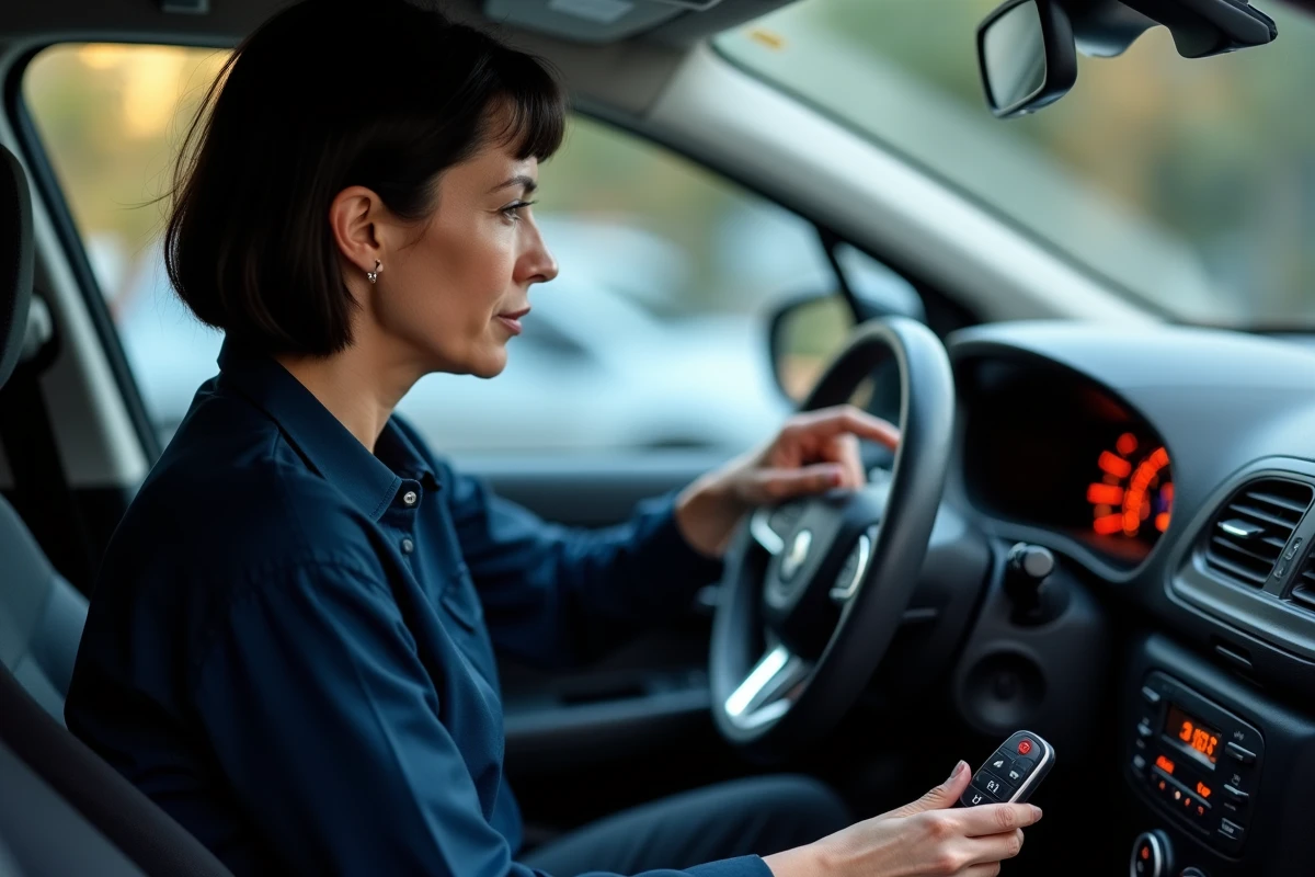 Femme testant la reprogrammation de la clé Clio 4 après remplacement de pile, assise dans l'habitacle de la voiture