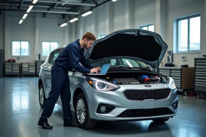 Technicien Shiftech connectant un outil de reprogrammation OBD sur un véhicule neuf en atelier professionnel
