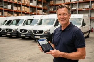 Responsable de flotte consultant une application de géolocalisation sur tablette devant des véhicules utilitaires équipés de balises GPS dans un dépôt logistique