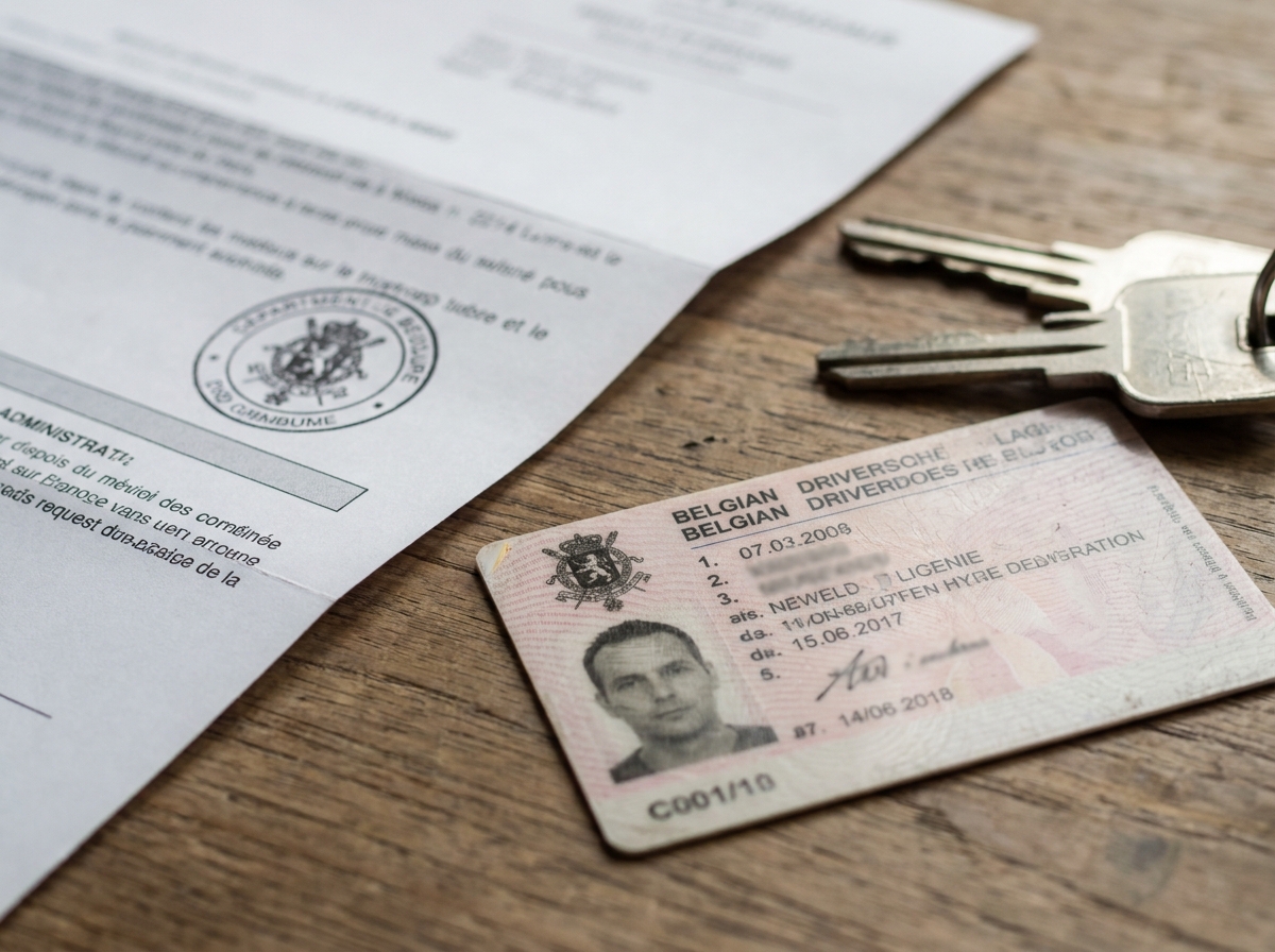 Permis de conduire belge et lettre de retrait posés sur une table, illustrant une procédure de retrait de permis