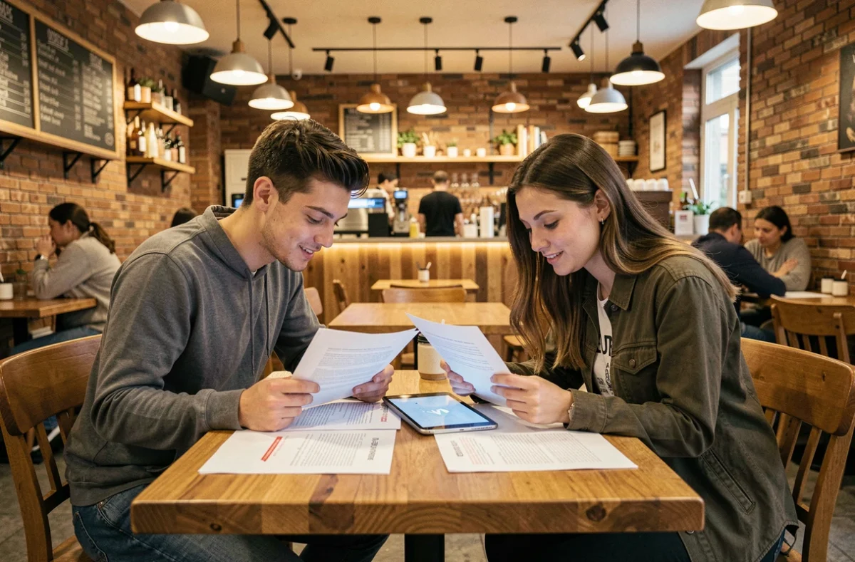 Deux jeunes adultes révisant le code de la route ensemble dans un café moderne