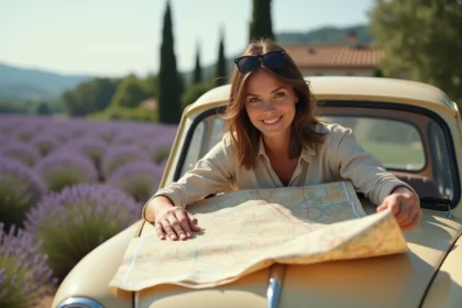 Femme consultant une carte routière sur le capot d'une voiture pendant un road trip en Provence, France