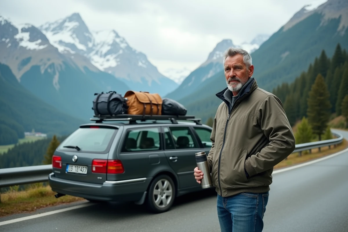 Homme en pause café au bord d'une route de montagne dans les Alpes françaises lors d'un road trip en voiture