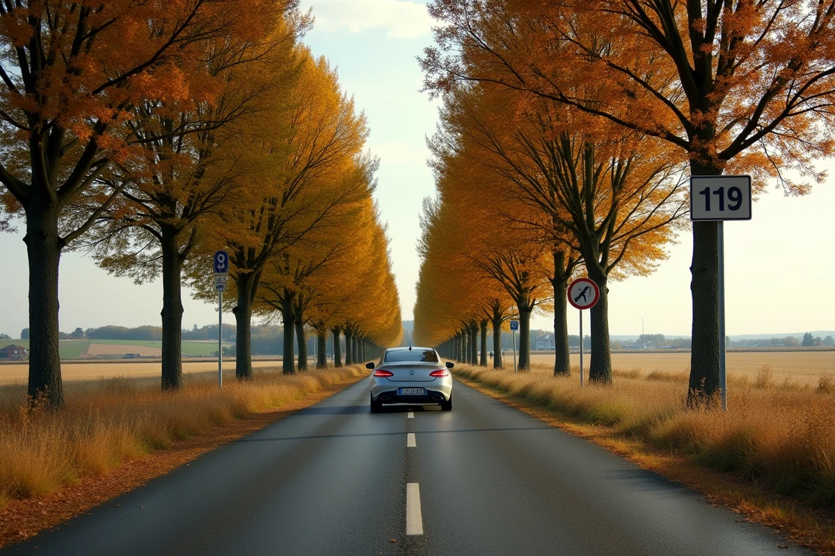 Voiture empruntant une route nationale alternative à l'autoroute payante à travers la campagne française en automne