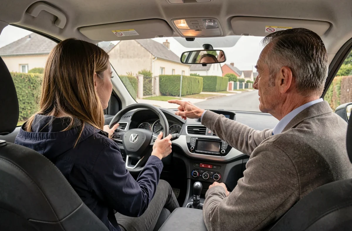 Leçon de conduite en cours avec un instructeur et un élève dans un véhicule double commande à Saint-Avé