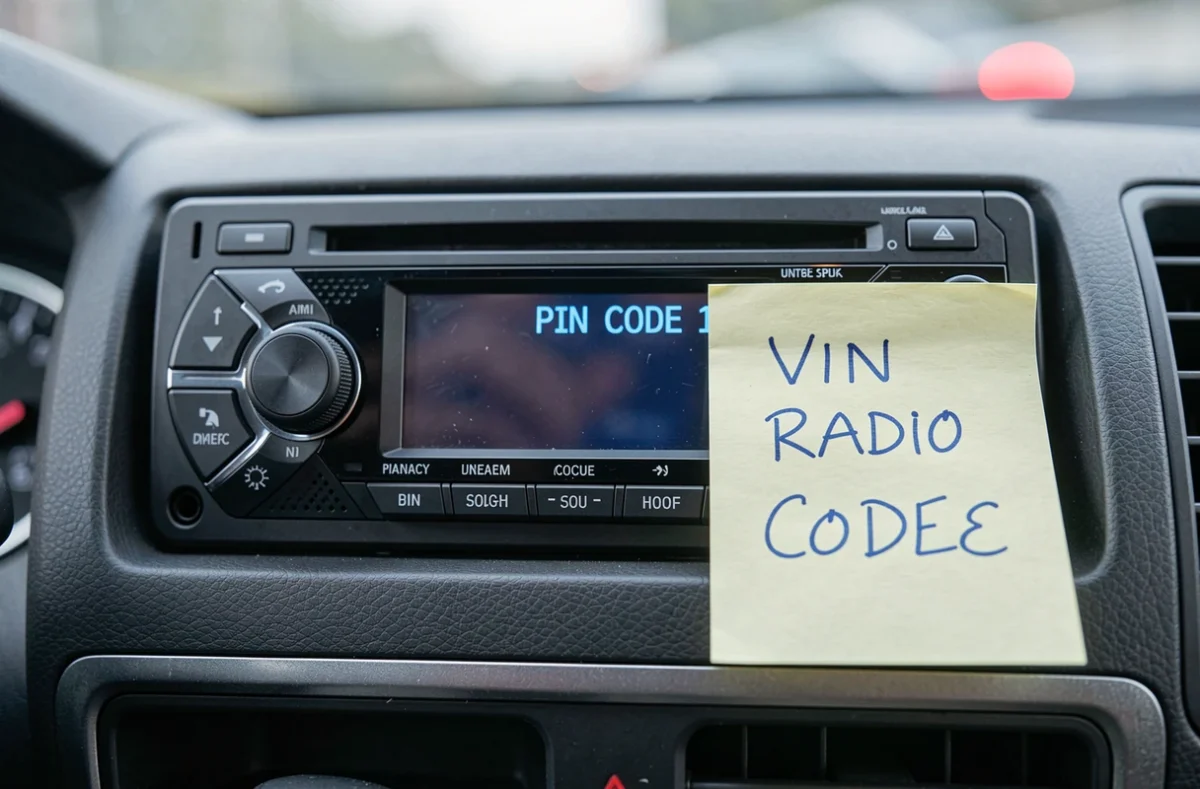 Gros plan sur un autoradio avec code PIN affiché et note manuscrite du numéro VIN collée sur le tableau de bord
