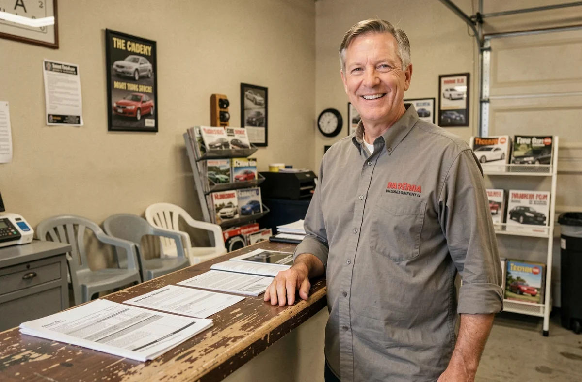 Gérant accueillant un client à l'accueil du garage de proximité SARL Garage Bahuaud