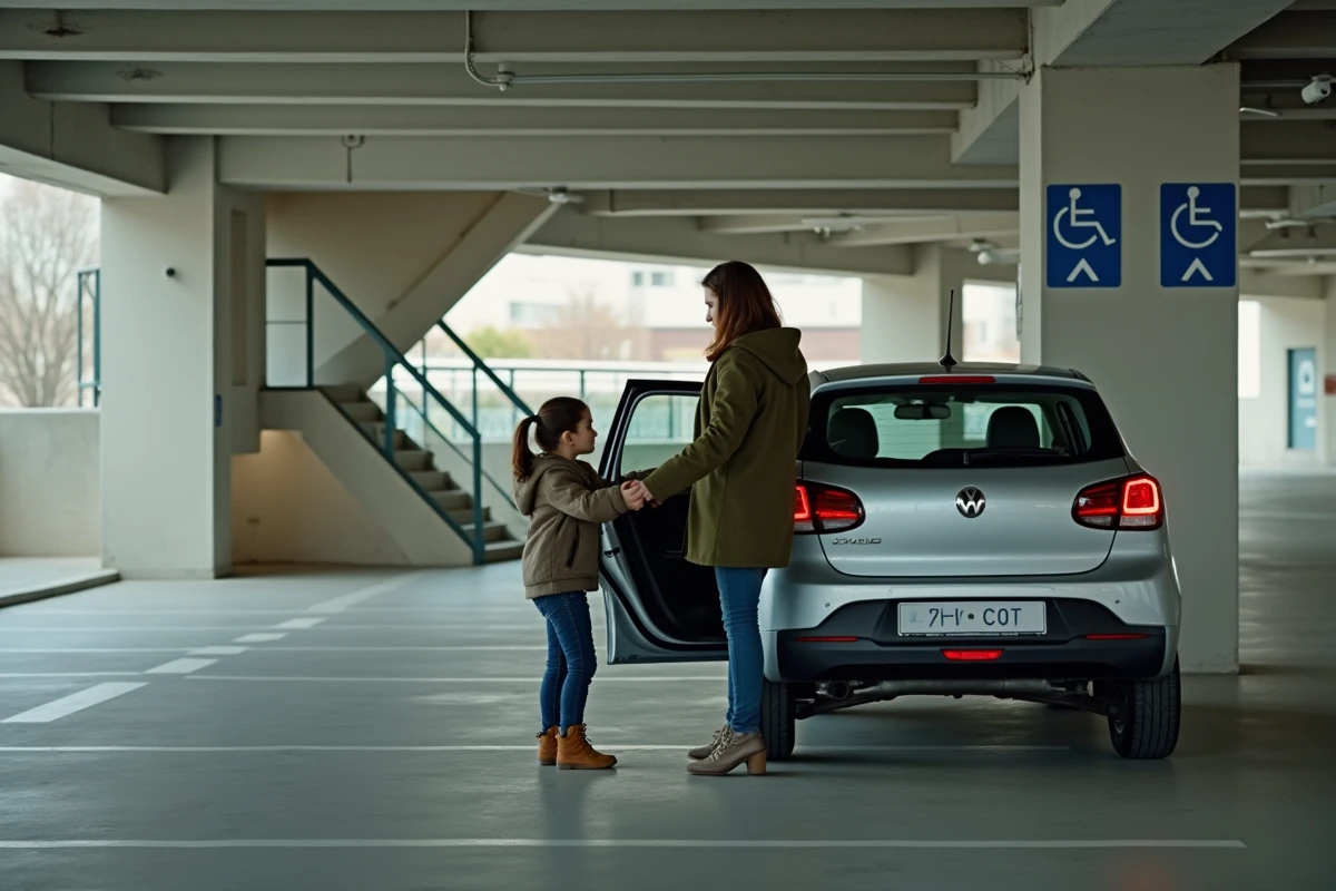 Mère et fille sortant d'une voiture en sécurité dans le parking Rapp à Colmar