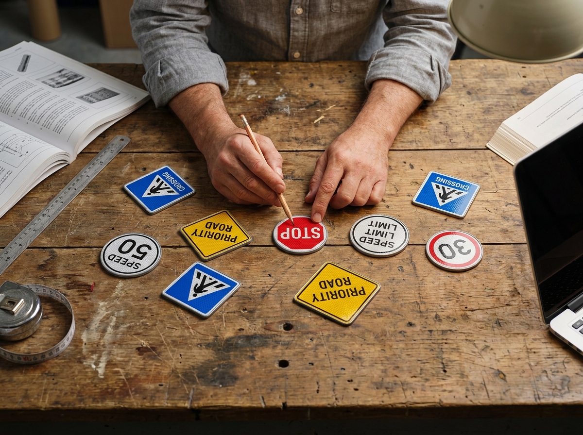 Sélection de panneaux de signalisation routière miniatures disposés sur une table de travail en bois lors d'un processus de choix