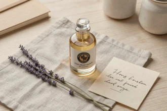 Flacon de parfum personnalisé avec logo d'entreprise posé sur du lin naturel, idéal comme cadeau client original