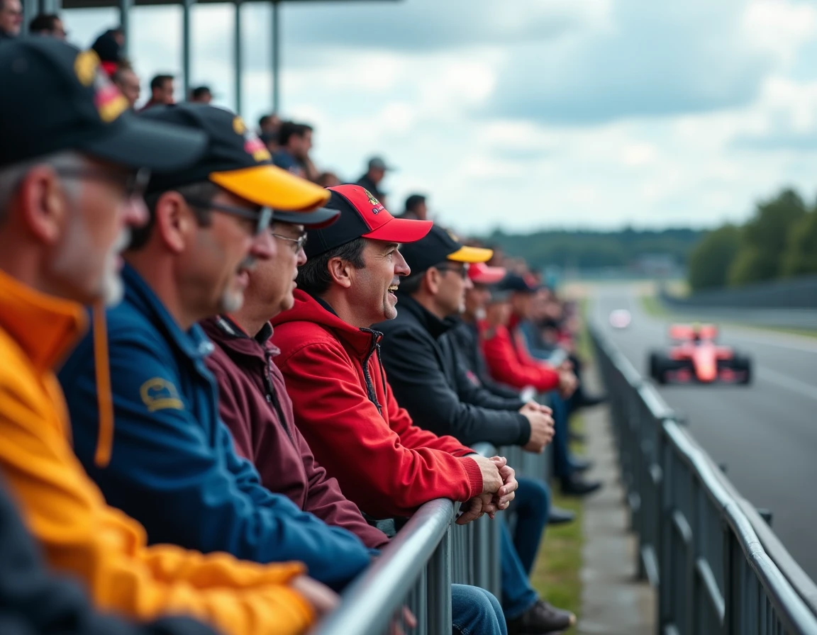 Spectateurs enthousiastes dans les tribunes d'un circuit de course automobile lors d'un grand prix en 2026