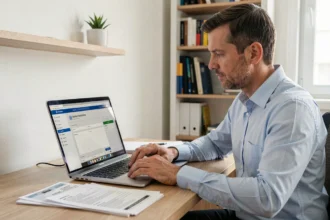 Homme consultant le suivi de son dossier de carte grise en ligne sur un ordinateur portable dans un bureau à domicile
