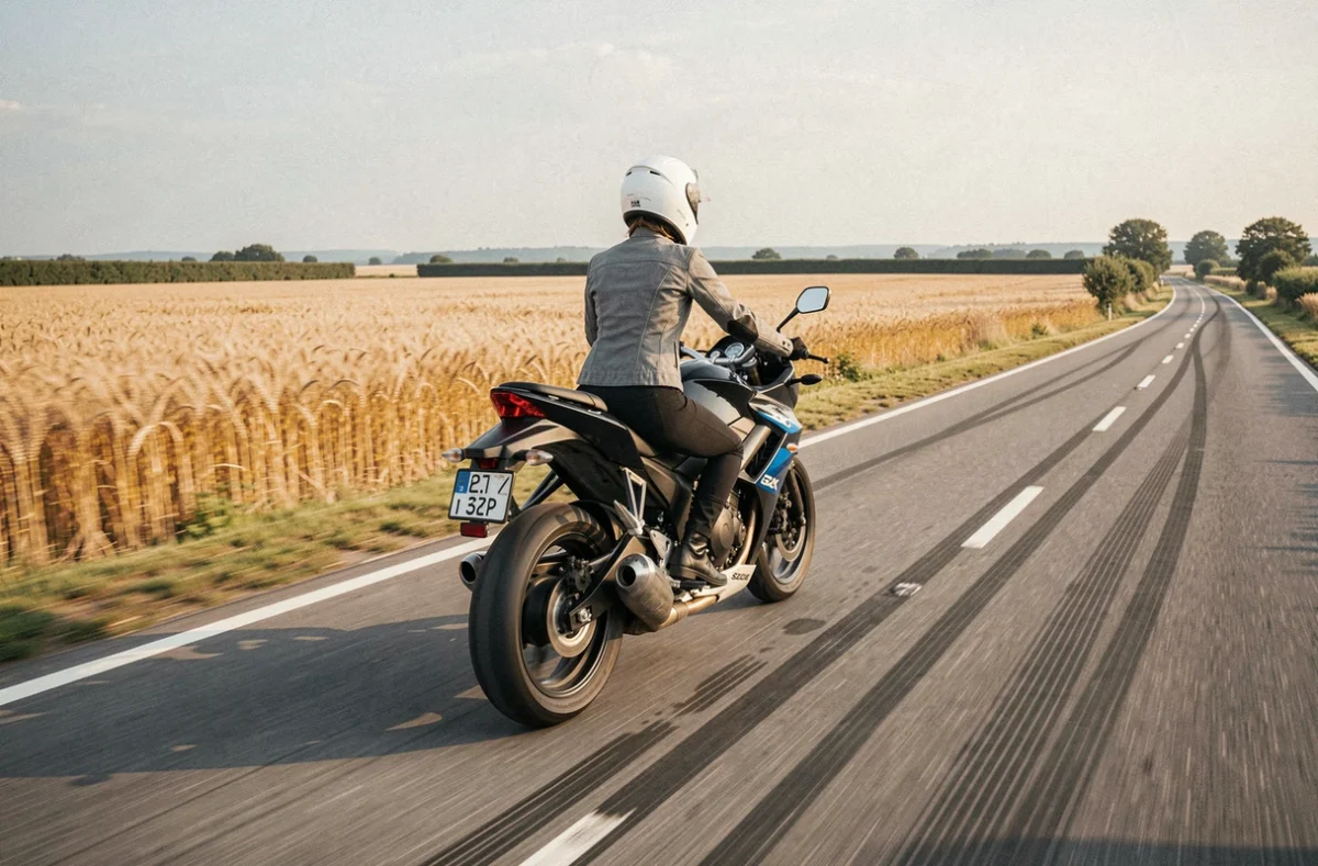 Suzuki GSX 750 en conduite mixte sur route de campagne, illustration de l'autonomie et de la consommation en conditions réelles