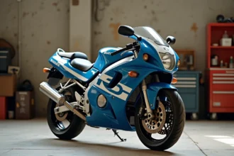 Suzuki GSXR 1100 de 1992 en livrée bleue et blanche garée dans un garage de collectionneur, vue 3/4 avant au ras du sol