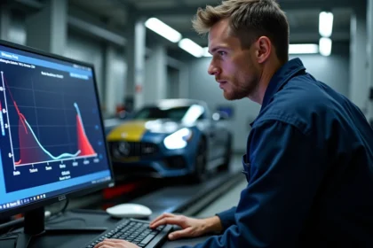 Technicien automobile analysant les courbes de puissance et de couple sur un écran de banc de puissance dans un atelier de tuning