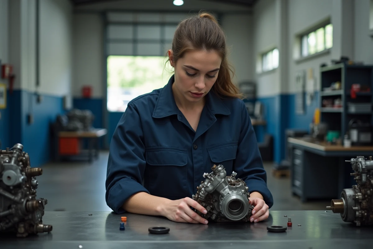 Technicienne auto en atelier inspectant un moteur détaché