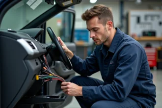 Technicien automobile connectant un faisceau de fils colorés sur un autoradio Peugeot sans couper les câbles d'origine
