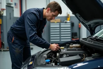 Technicien automobile connectant un outil de diagnostic OBD sur une Peugeot après reprogrammation du turbo