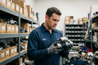 Technicien automobile inspectant un démarreur reconditionné dans un atelier de pièces auto, garantie qualité pièces reconditionnées ViteMonDemarreur