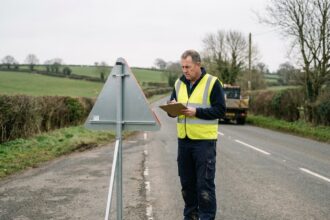 Technicien en sécurité routière inspectant un panneau de signalisation triangulaire sur une route de campagne