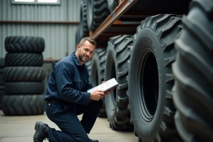Technicien automobile consultant un planning de livraison de maxityre dans un atelier de pneus agricoles