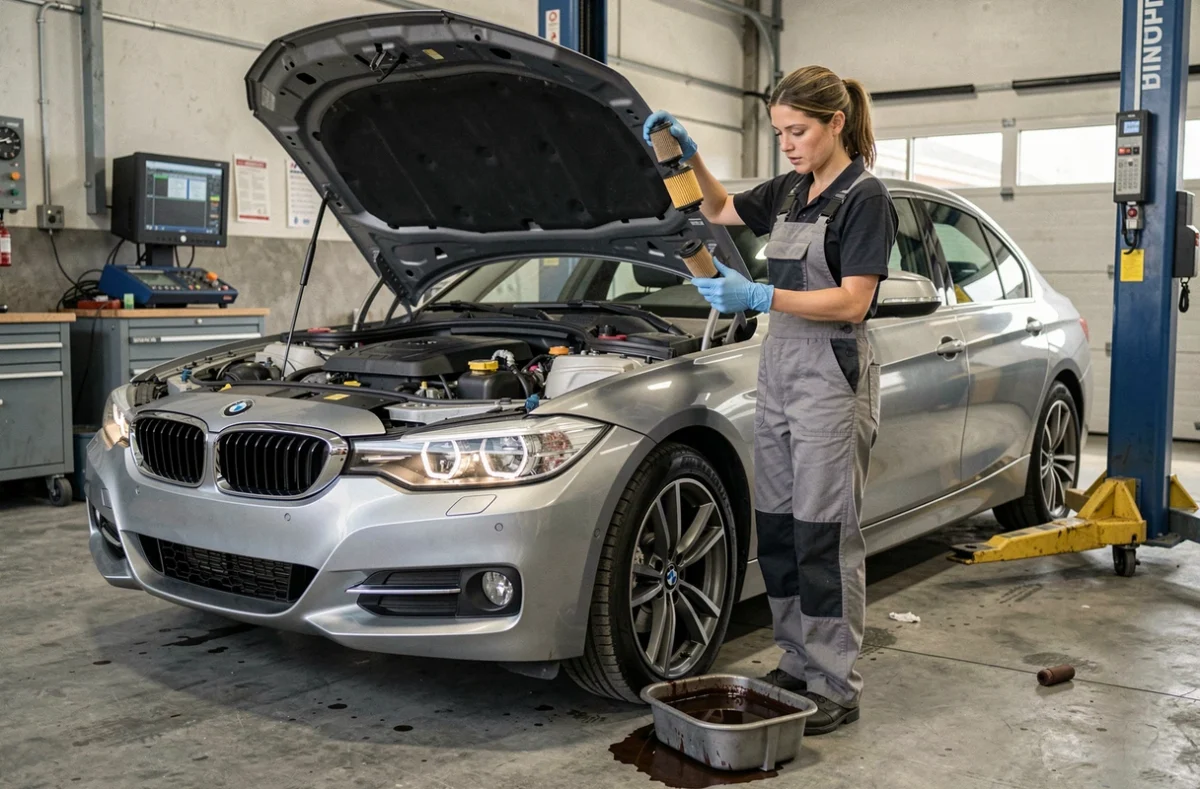Technicienne automobile analysant un filtre à huile encrassé d'un BMW 320d moteur M47 en garage