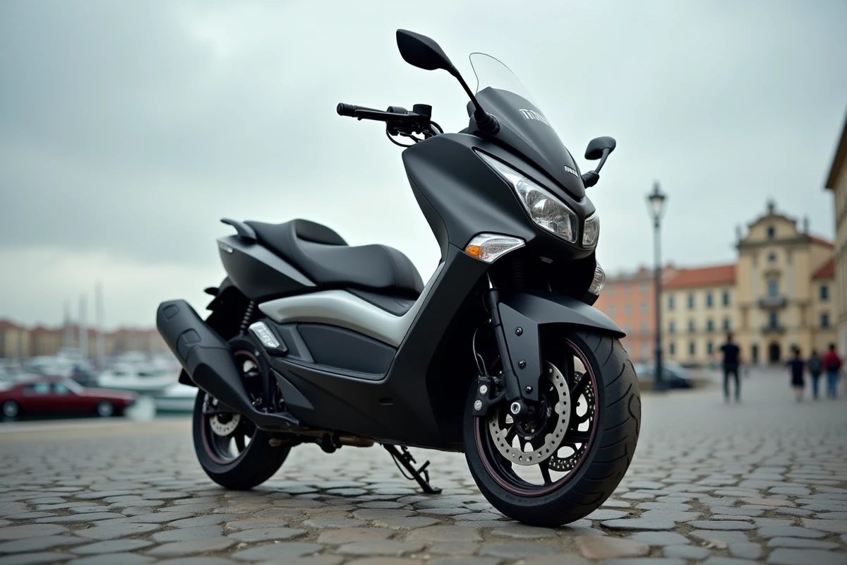 TMAX 750 noir mat photographié en contre-plongée dans les rues pavées de Marseille près du Vieux-Port