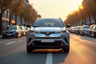 Toyota C-HR 2026 en argent métallisé face à des SUV hybrides concurrents dans une rue urbaine européenne, vue trois quarts avant