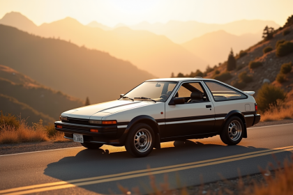 Toyota Corolla AE86 Trueno en montagne ensoleillée